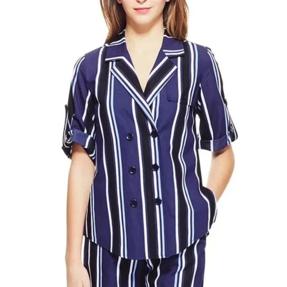 Pearl by Lela Rose Blue Striped Double Breasted Camp Shirt Medium